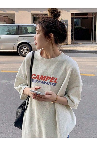 MODARİCH تي شيرت Campel - رمادي مطبوع كبير الحجم برقبة دائرية وأكمام قصيرة فضفاضة