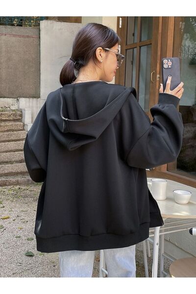 MODARİCH Favorite Hırka - Siyah Baskılı Kışlık Oversize Kapüşonlu Fermuarlı Cep Detaylı Hırka