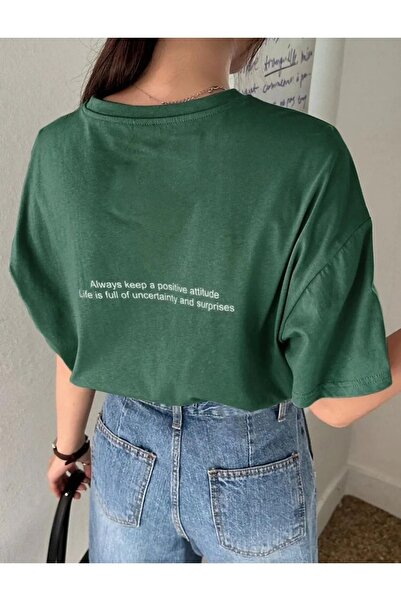 MODARİCH Tricou Positive Attitude - Nefti Green, Imprimat, Crew Deck, Oversiz...