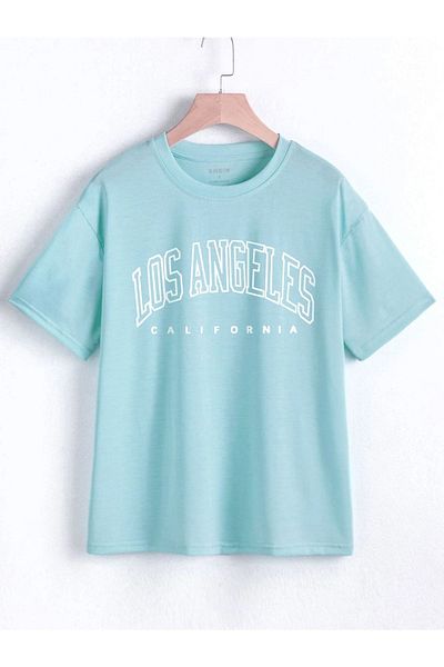 MODARİCH Μπλουζάκι Los Angeles California Baby Blue, εμπριμέ, λαιμόκοψη, εμπριμέ, κοντό μανίκι, Boyfriend, Loose