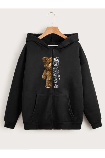 offsidesign Unisex black teddy bear robot print cardigan zip-up hooded jacket teddy bear cardigan