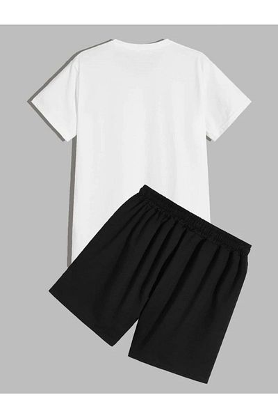 MODARİCH Nasa White T-shirt Black Shorts - T-Shirt with Shorts Top and Bottom Set Printed Oversize Crew Neck