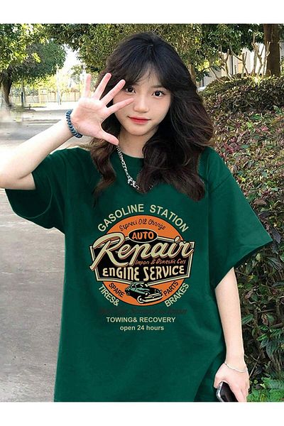MODARİCH T-Shirt Repair Service - Nefti Green Printed Oversize Crew λαιμόκοψη κοντό μανίκι φαρδύ