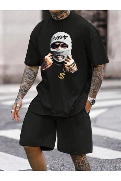 MODARİCH Awesome Mask T-Shirt Shorts - Black Shorts T-Shirt Top and Bottom Set Printed Crew Neck