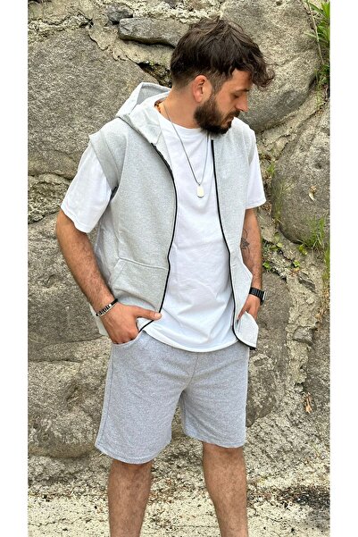 MODARİCH Σετ 3 τεμαχίων: Αμάνικη ζακέτα και βασικό σορτς - Γκρι κοντομάνικο κ...