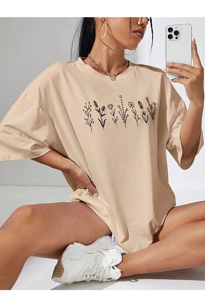 MODARİCH Μπλουζάκι Flower Figure Cup - μινκ μπεζ, εμπριμέ, λαιμόκοψη, εμπριμέ, κοντομάνικο, Boyfriend, φαρδιά