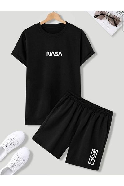 MODARİCH شورت تي شيرت Nasa - تي شيرت أسود مع شورت علوي وسفلي مطبوع برقبة دائرية كبيرة الحجم