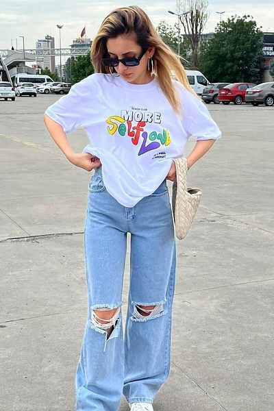 MODARİCH Περισσότερα T-Shirt Self Love - Λευκό εμπριμέ κοντό μανίκι