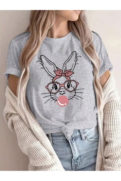 MODARİCH T-Shirt Rabbit with Glasses - Γκρι εμπριμέ Oversize Crew λαιμόκοψη κ...