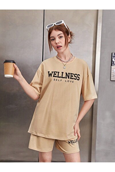 MODARİCH طقم تي شيرت وسروال قصير باللون البيج - رقبة دائرية مطبوعة