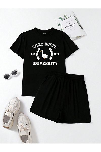 MODARİCH Silly Goose University T-Shirt Shorts - Black Shorts T-Shirt Top and Bottom Set Printed Crew Neck