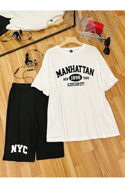 MODARİCH Manhattan 1898 - Λευκό μαύρο μπλουζάκι και σορτς σετ - Crew Neck