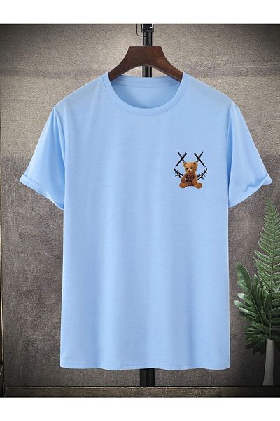 MODARİCH Μπλουζάκι X Bear Back -baby Blue, εμπριμέ, λαιμόκοψη, εμπριμέ, κοντό μανίκι, Boyfriend, Loose