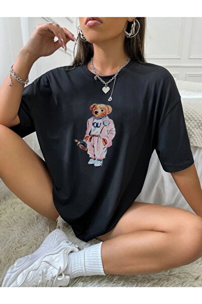 MODARİCH Tricou Teddy Bear - Negru Imprimat Oversize Crew Deck Imprimat Manec...