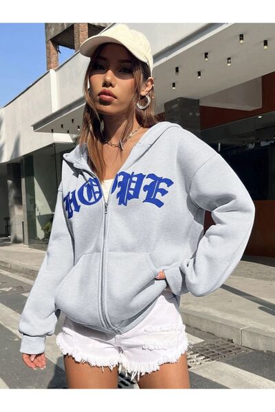 MODARİCH Hope Hırka - Gri Baskılı Kışlık Oversize Kapüşonlu Fermuarlı Cep Detaylı Hırka