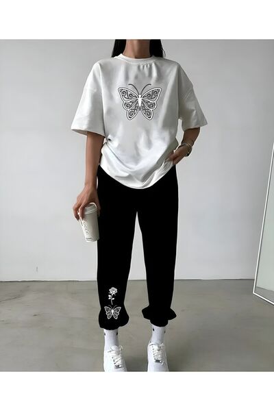 MODARİCH طقم بدلة رياضية بيضاء وسوداء على شكل فراشة وردية - رقبة دائرية كبيرة...