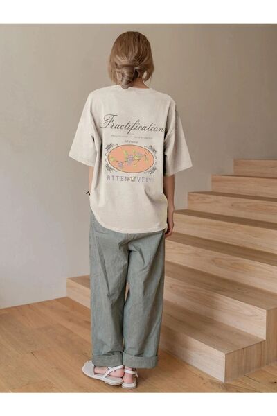 MODARİCH Μπλουζάκι Fructification - Μπεζ εμπριμέ με λαιμόκοψη κοντό μανίκι φαρδύ