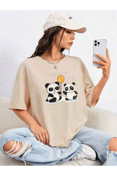 MODARİCH Μπλουζάκι Panda Balloon - Μπεζ με στάμπα Oversize Crew λαιμόκοψη κοντό μανίκι