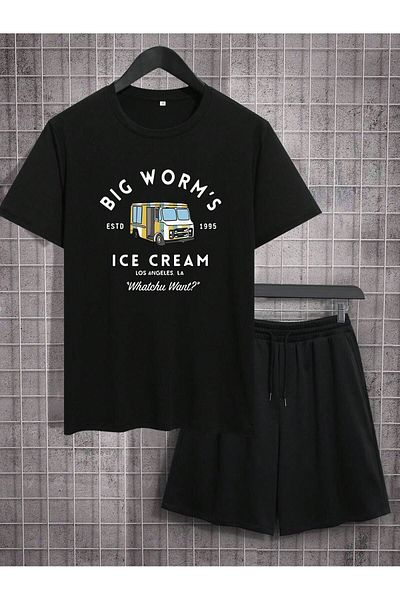 MODARİCH Black Big Worms T-Shirt and Combed Cotton Shorts - Printed Oversize Crew Neck Set