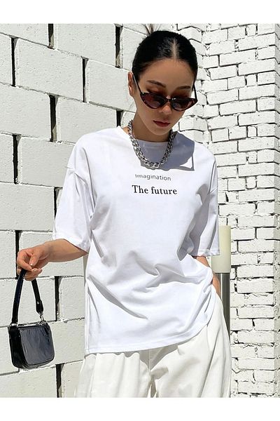MODARİCH The Future T-Shirt - Λευκό εμπριμέ Oversize Crew λαιμόκοψη κοντό μανίκι