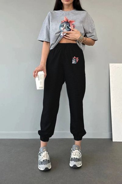 MODARİCH Cute Cat Gray T-Shirt Black Sweatpants Jogger - Bottom Top Tracksuit Set Crew Neck