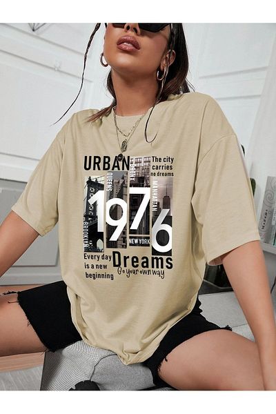 MODARİCH Tricou Urban 1976 New York - Bej Imprimat Crew Deck Manecă Scurtă Loose