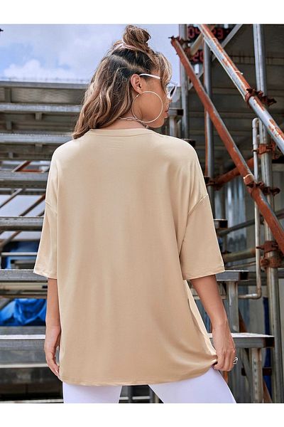 MODARİCH Cool Mom T-shirt -beige Mink, Printed, Crew Neck, Printed, Short Sleeve, Boyfriend, Loose