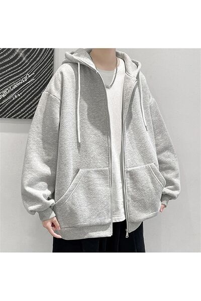 MODARİCH Basic Plain Cardigan - Gray Winter Oversize Hooded Cardigan with Zip...