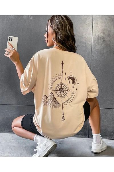 MODARİCH Compass T-shirt - Light Brown, Printed, Crew Neck, Oversize, Short Sleeve, Loose