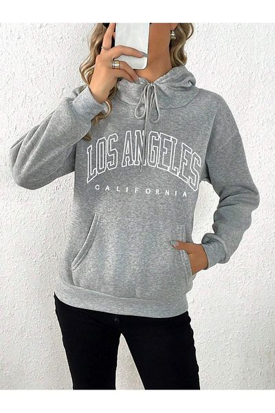 MODARİCH Зимен дебел суитшърт Los Angeles California - сив с щампа и повдигната качулка