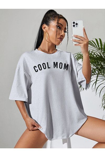 MODARİCH Cool Mom T-shirt -grey, Printed, Crew Neck, Printed, Short Sleeve, Boyfriend, Loose