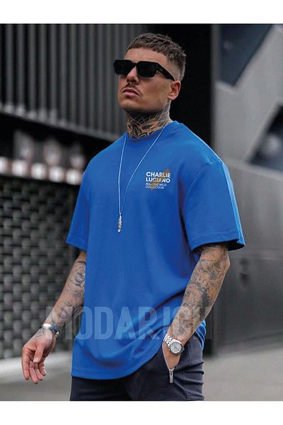 MODARİCH Tricou Charlie Luciano - Sax Blue Printed Oversize Decolteu cu mânecă scurtă