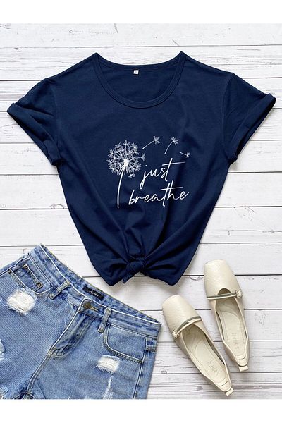 MODARİCH Μπλουζάκι Just Breathe Oversize - Navy Blue printed, Crew Neck, κοντό μανίκι