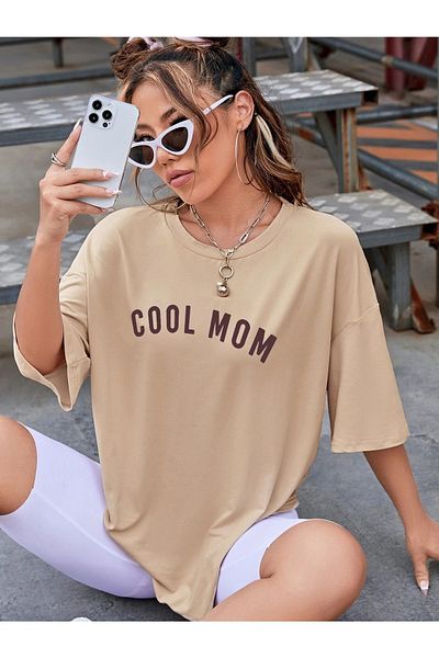 MODARİCH Cool Mom T-shirt -beige Mink, Printed, Crew Neck, Printed, Short Sleeve, Boyfriend, Loose