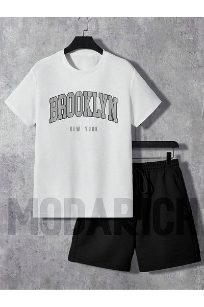 MODARİCH Brooklyn New York White T-Shirt Μαύρο σορτς - Σορτς T-Shirt Top Bottom Set Printed Crew Neck