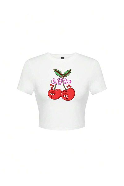 Bengi Clothing Λευκό εμπριμέ γυναικείο Crop Top - Y2k κοντομάνικη μπλούζα