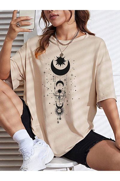 MODARİCH Μπλουζάκι Sun Moon Symbol - Μπεζ με στάμπα Oversize Crew λαιμόκοψη κοντό μανίκι