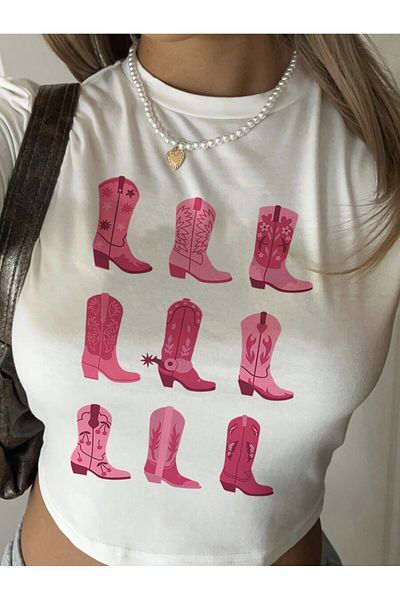 Bengi Clothing Λευκό εμπριμέ γυναικείο Crop Top - Y2k κοντομάνικη μπλούζα