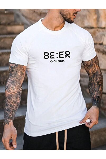 MODARİCH Be:er Clock T-Shirt - Λευκό εμπριμέ Oversize Crew λαιμόκοψη κοντό μα...
