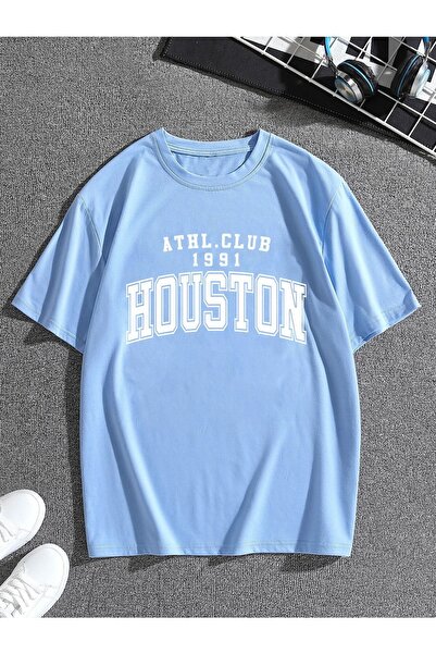 MODARİCH Houston 1991 T-shirt - Baby Blue, Printed, Crew Neck, Oversize, Shor...