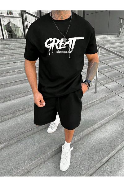 MODARİCH Great T-Shirt Shorts - Black Shorts T-Shirt Top Bottom Set Printed Crew Neck