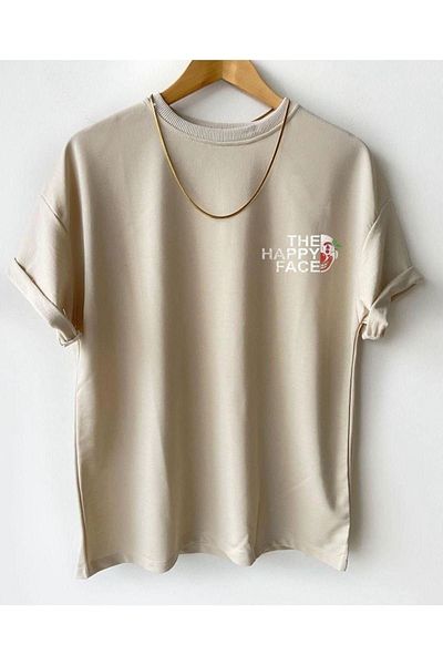 MODARİCH Happy Face T-Shirt - Μπεζ εμπριμέ Oversize Crew Neck εμπριμέ κοντό μανίκι
