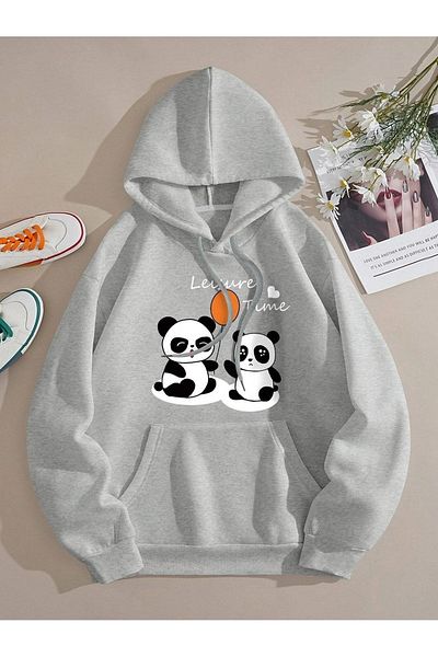 MODARİCH Φούτερ Panda Balloon - Γκρι εμπριμέ κουκούλα με κορδέλα oversize