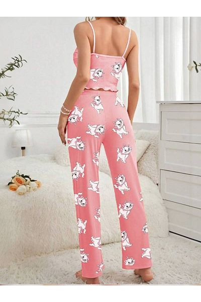 YAMYHOME Pink Cat Patterned Suspender Pants and Pajama Set