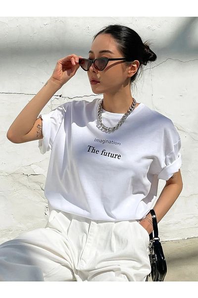 MODARİCH The Future T-Shirt - Λευκό εμπριμέ Oversize Crew λαιμόκοψη κοντό μανίκι