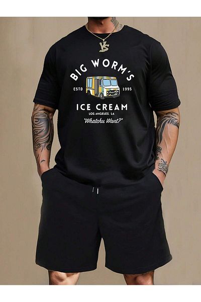 MODARİCH Black Big Worms T-Shirt and Combed Cotton Shorts - Printed Oversize Crew Neck Set