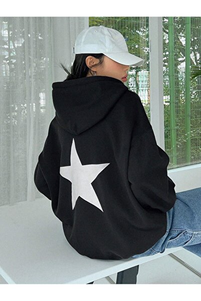 MODARİCH Star Pattern Sweatshirt - Black Printed Oversize Ribbon Hoodie