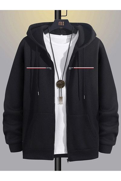 MODARİCH Natural Realm Paris Cardigan - Black Printed Winter Oversize Hooded Cardigan with Zipper Pocket Detail