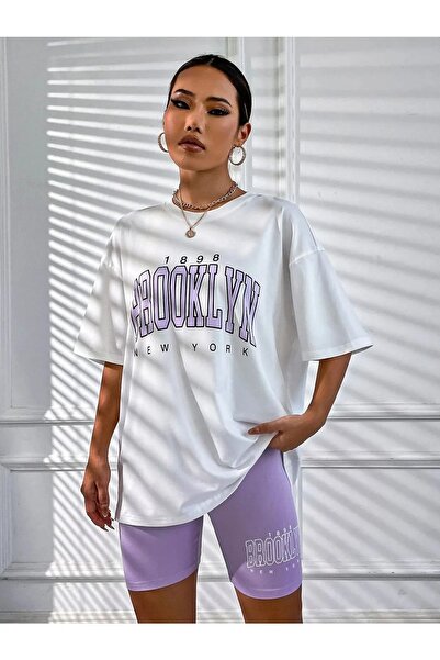 MODARİCH Brooklyn N.y 1898 White T-shirt Lilac Short Biker Tights - Tights Bottom Top Set Printed Oversize
