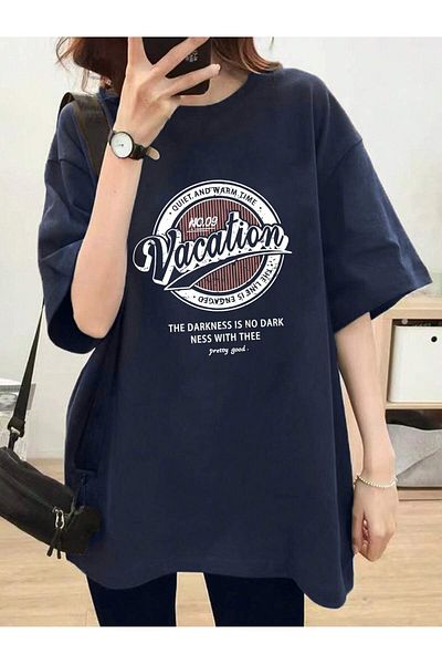 MODARİCH Vacation No 09 Help T-Shirt - Navy Blue printed Oversize Crew λαιμόκοψη κοντό μανίκι φαρδύ